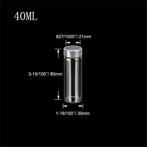 6 mini glass bottles with silver aluminum lids and white plastic bottoms. Perfect for seasoning, making wishes, or drifting. Silver aluminum lid - 40m