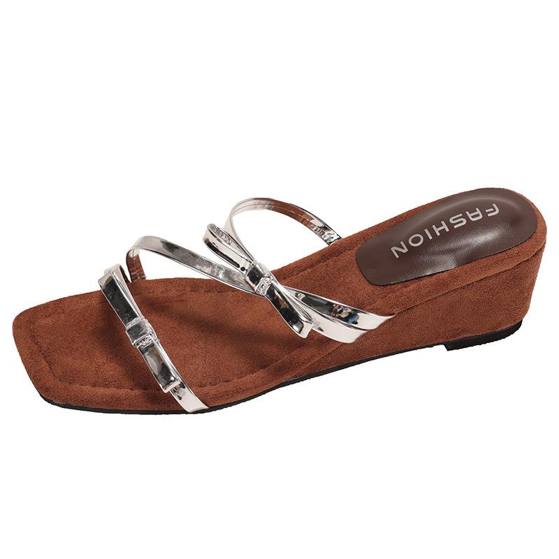 

Light luxury version! French soft leather one-word with slope heel cool slippers women s new summer wear bow high heel sandals 35