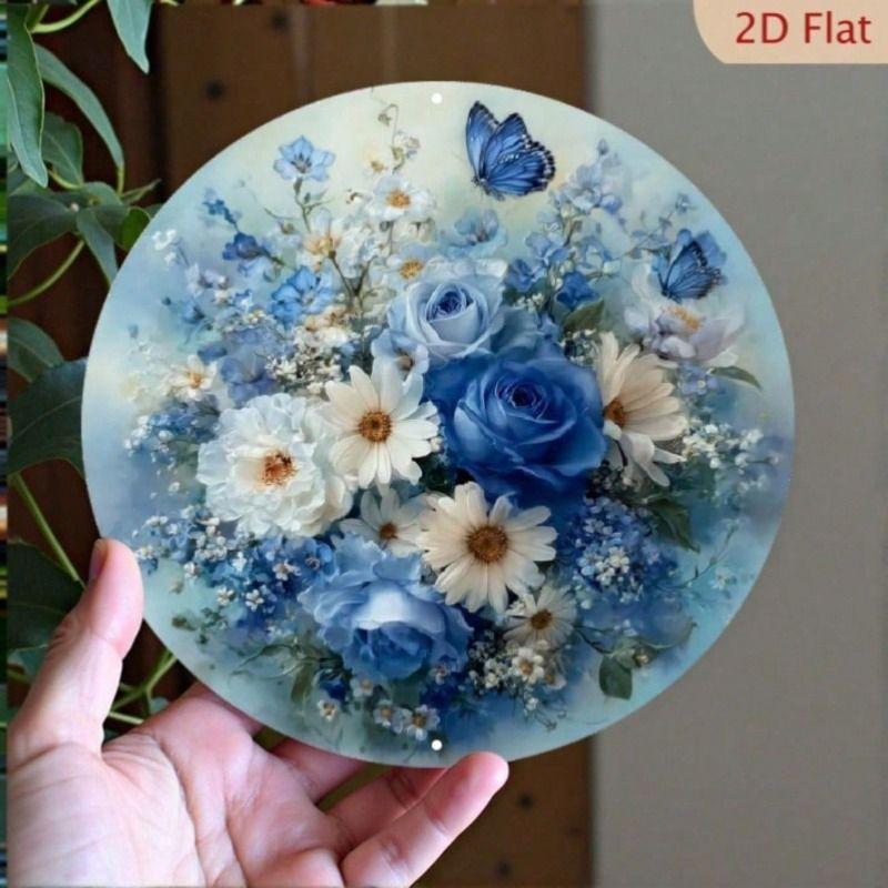 Vintage Round Metal Sign with Blue Roses and Butterflies 20x20cm Wall Decor for Home Bar