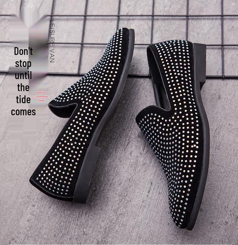Men's Rhinestone Slip-On Leather Loafers - Pointed Toe, Large Size, British Casual Style.