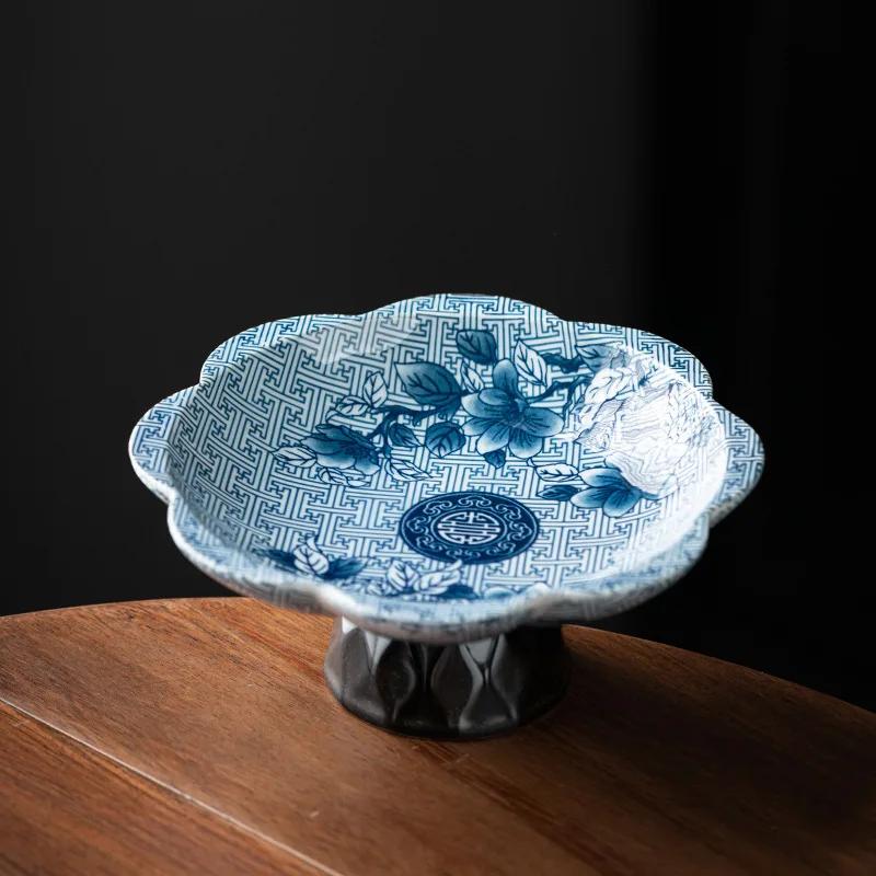 Haushaltsteller im chinesischen Stil zur Aufbewahrung von Nüssen und Keksen, blauweißes Porzellan, Obstteller, Wohnzimmertischplatte, Aufbewahrungstablett für Kleinkram
