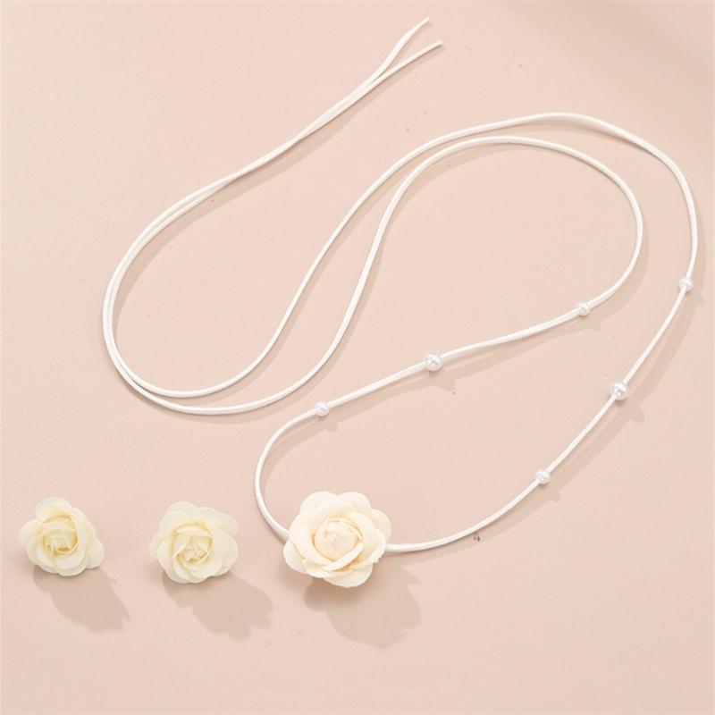 Stylish Camellia Jewelry Set Unique Flower Beaded Necklace and Earrings Floral Theme Neckchain Ear Studs Ornament