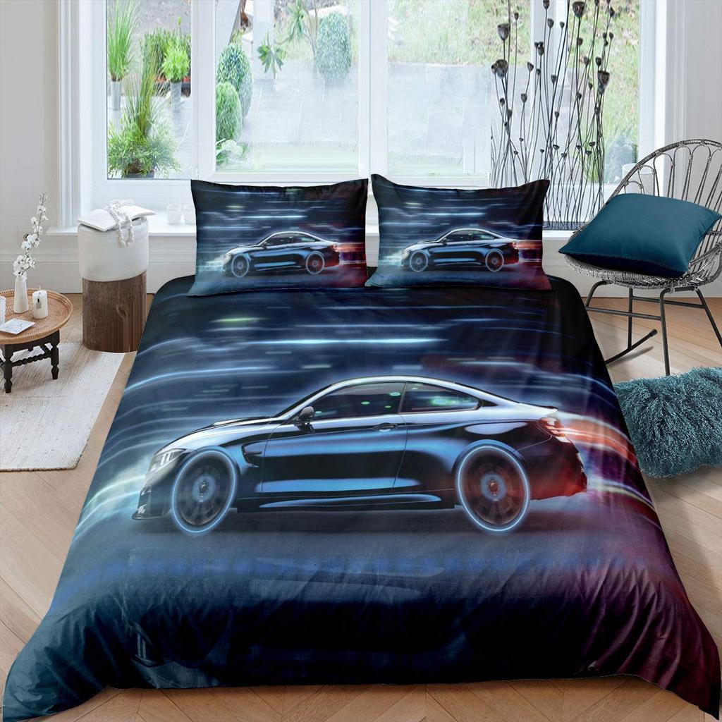 Race Car King Queen Duvet Cover Cool Speed Racing Bedding Set Teens Men Black Sport Car Quilt Cover Polyester Comforter Cover