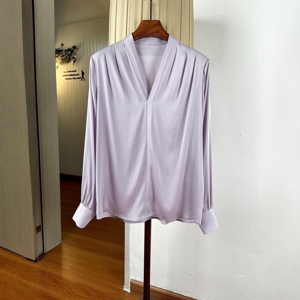 Women's Elegant V-neck Silk Pullover Shirt, Long Sleeve, Loose Fit, Slimming, Mulberry Silk, Perfect for Spring/Summer Commuting.