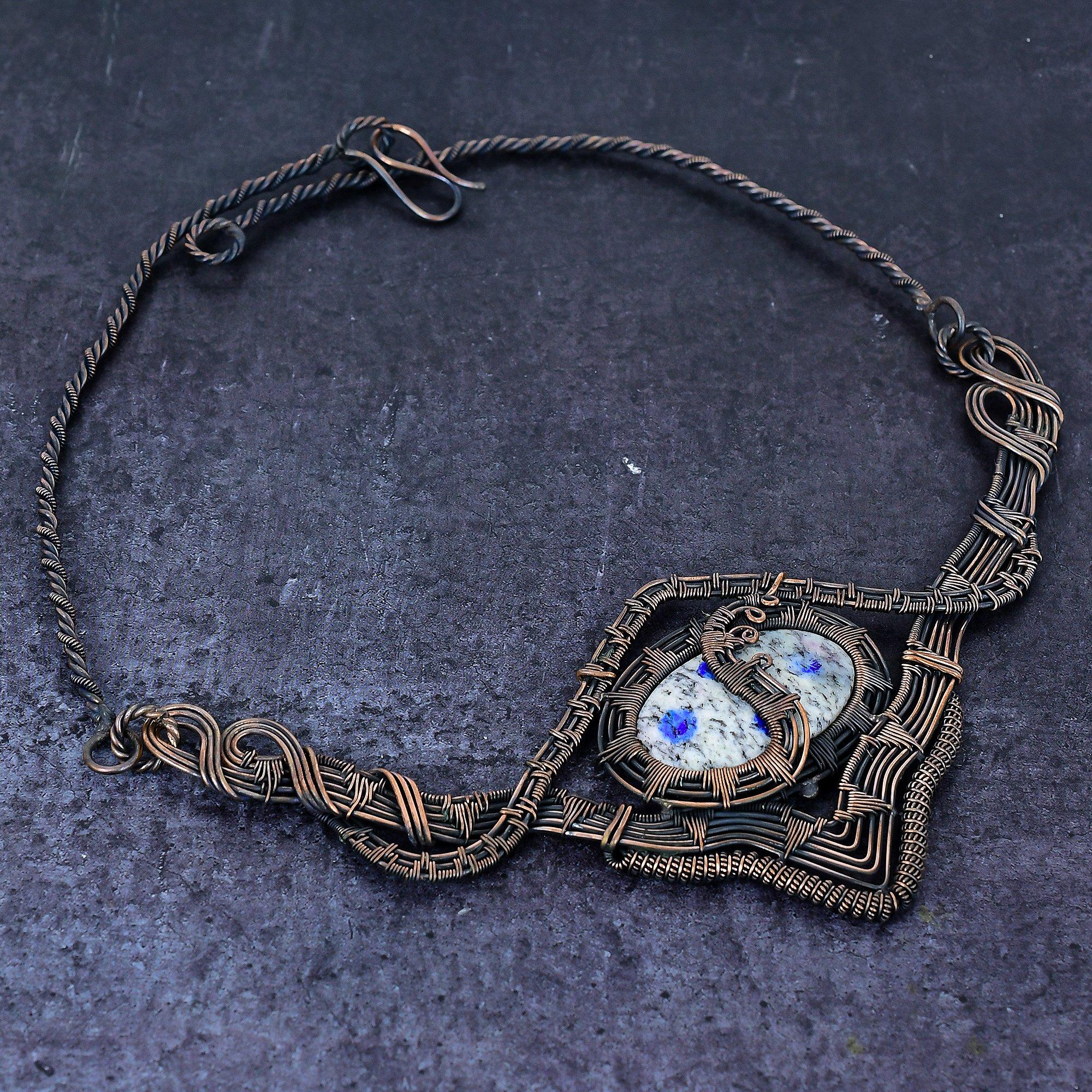 

Natural K2 Blue Azurite Gemstone Copper Wire Wrap Jewelry Necklace 18 K4o56