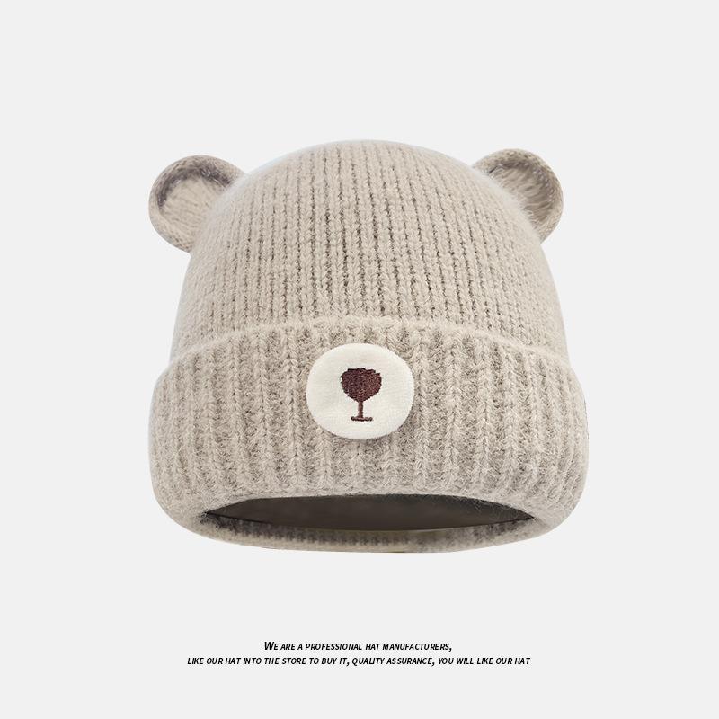 Autumn and Winter Commuting Warm Knitted Hat for Women Cute Bear Ear Protection Pullover Hat Outdoor Windproof and Coldproof Woolen Hat Trendy