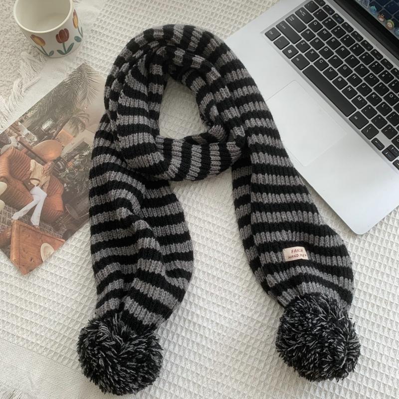 Winter Women Warm Stripe Scarf Knit Spring Thick Warm Winter Ball Ball Scarves Winter Casual Warmer Women Scarves For Women