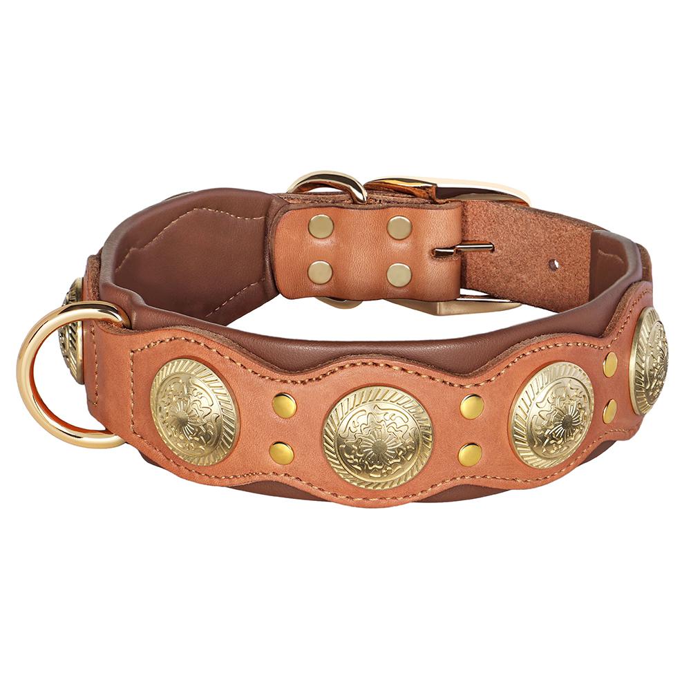 Durable Leather Dog Collar Cool Spiked Studded Collars for Medium Large Dogs Genuine Leather Pet Collar Pitbull  Bulldog Brown