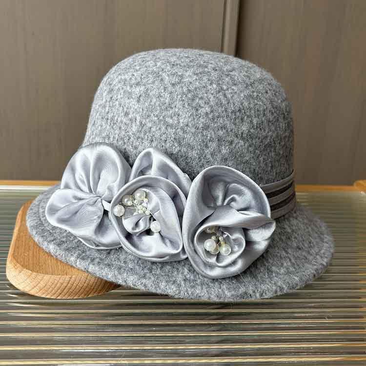 European And American Xiaoxiangfeng Satin Flower Fashion Hat, Small Edge Autumn And Winter Dome Thermal Basin Hat, Women'S Wool Woolen Top Hat