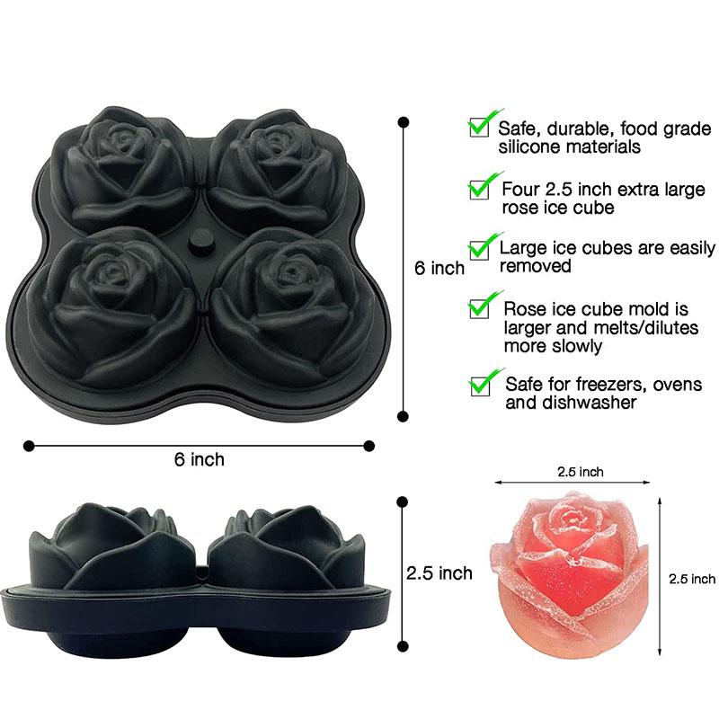 Ice Cube Tray, 2.5 Inch Rose Ice Cube Trays, 4 Cavity Silicone Rose Ice Ball Maker Mold, Easy Release Large Ice Cube Mold