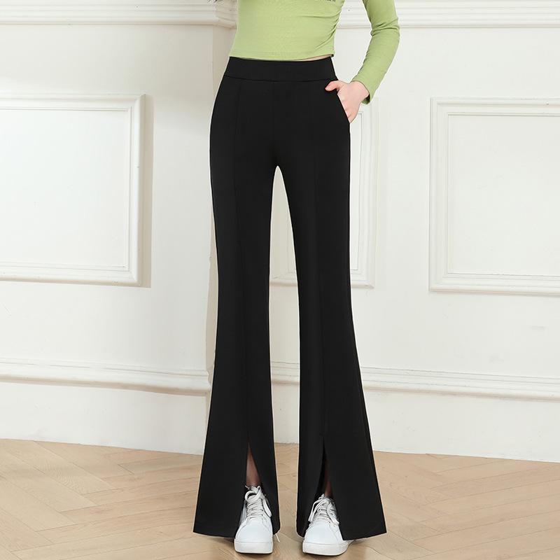 2025 Spring & Fall Women's High Waist Black Flared Pants - Slimming, Elastic, Four-Way Stretch, Long Slit Design