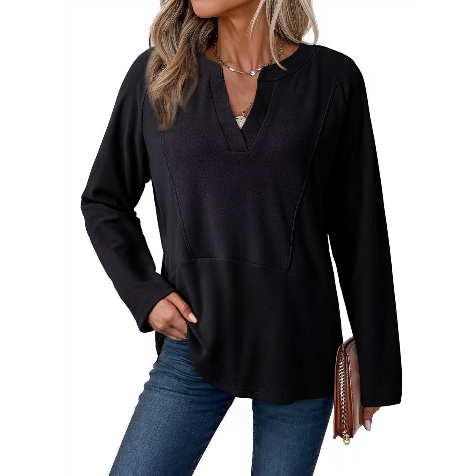 

Women s Fashion Solid Colour Casual Loose-Fit V-Neck Versatile Comfortable Long-Sleeved Top S чёрный