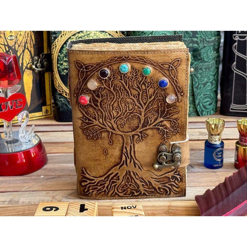 Leather Journal seven stone Tree Of Life Notebook blank sketchbook Traveling Notepad deckle edge pepar with 7 Stone For Men Women best gift