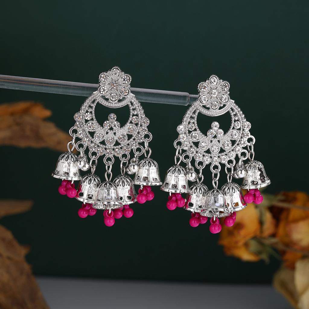 Vintage Bohemian Diamond Bells Tassel Flower Earrings, Ethnic Style Personality Geometric Hollow Holiday Earrings