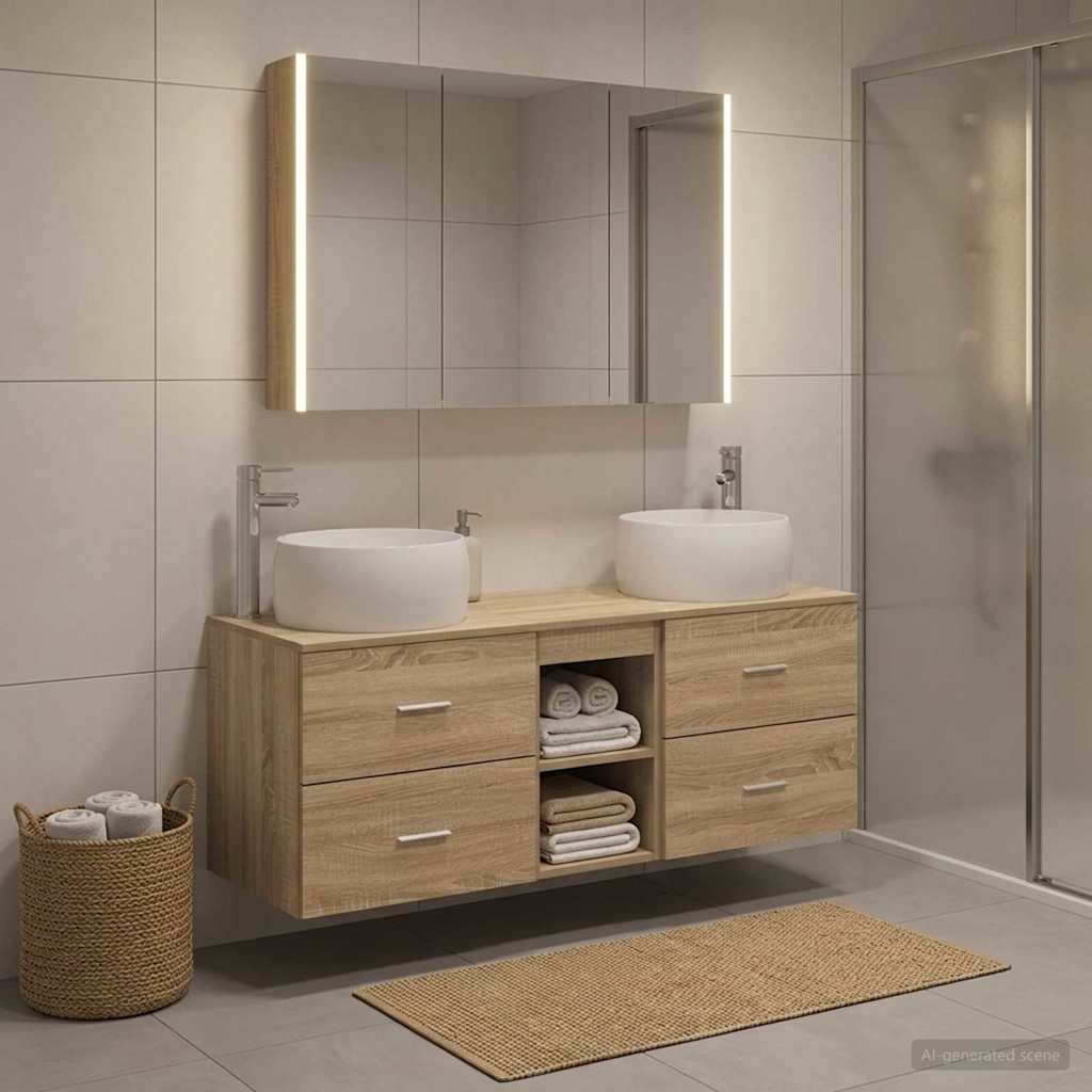 Bathroom Furniture Set 4 Pcs Sonoma Oak Engineered Wood and Glass