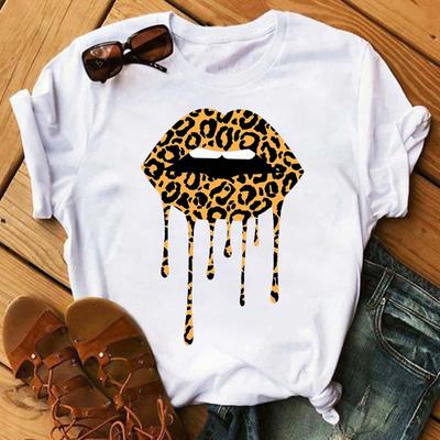 Camiseta Feminina Estampa Boca de Leopardo Beijo Lábios Branca Preta Camiseta Tops Femininos Verão Roupas Engraçadas Gráfica Kawaii Camiseta Feminina