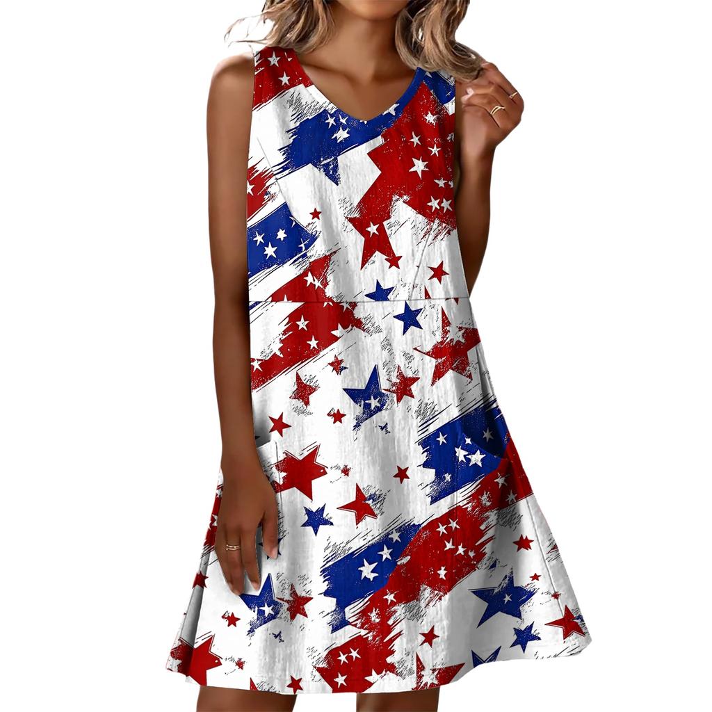 Summer Dresses For Women Loose Beach Vacation Casual Sleeveless V-neck  Sundresses With Pockets Tank Dress