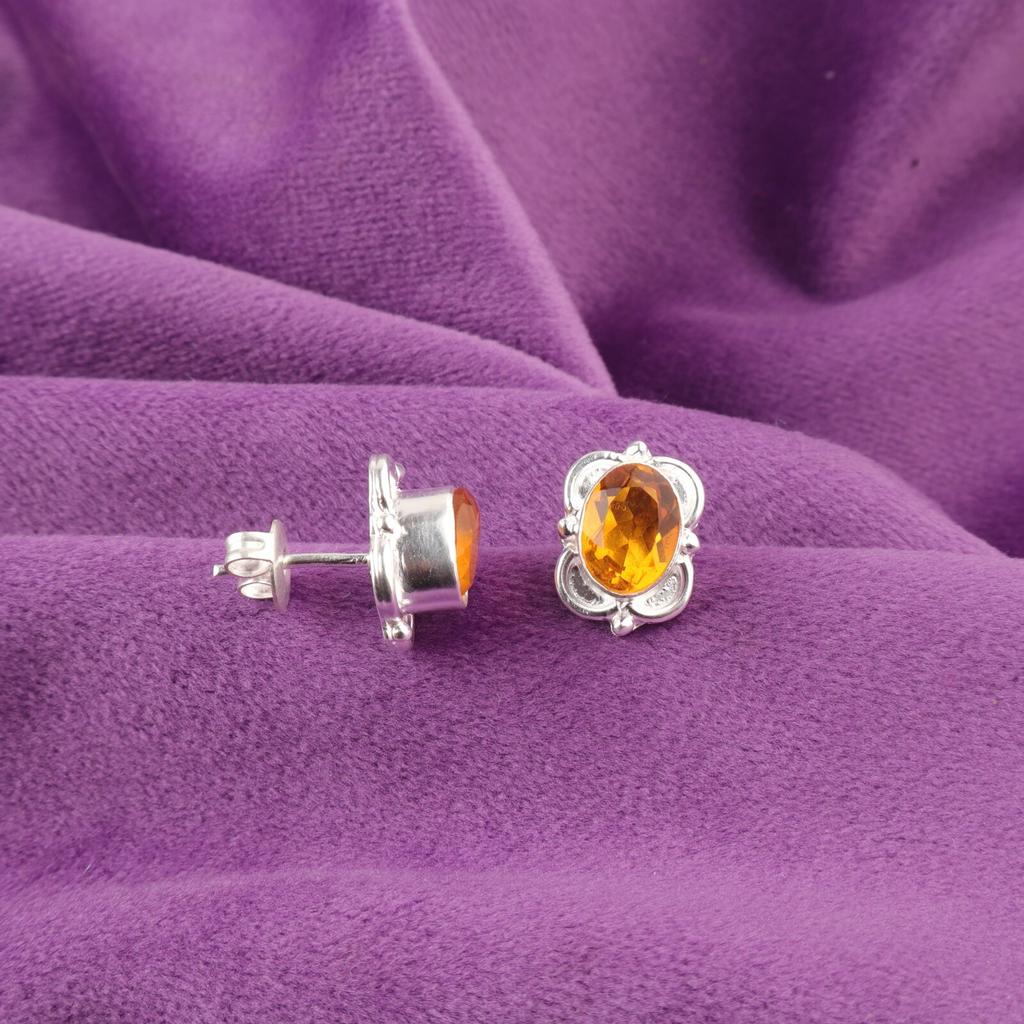Oval Natural Citrine November Birth Stud Post Boho Earrings 925 Sterling Silver EE-149-12