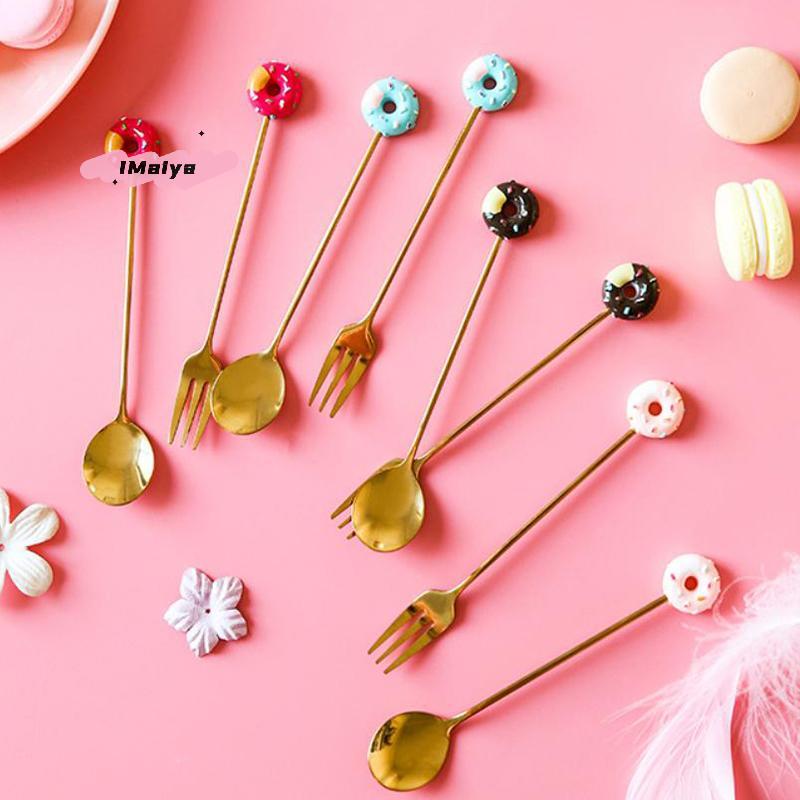 Cute Stainless Steel Donut Shaped Spoon Fork Ice Cream Cake Dessert Spoons Coffee Stirring Spoon Candy Cartoon Teaspoon