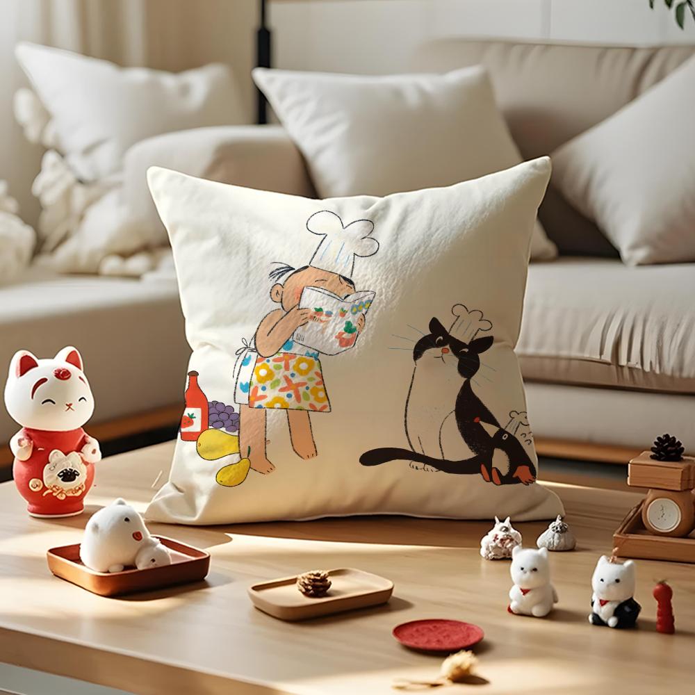Illustrations Of Everyday Life Cushion Cover Anti-dustmite Pillowcase Invisible Zipper Silky Short Plush Sofa Cushion Cover
