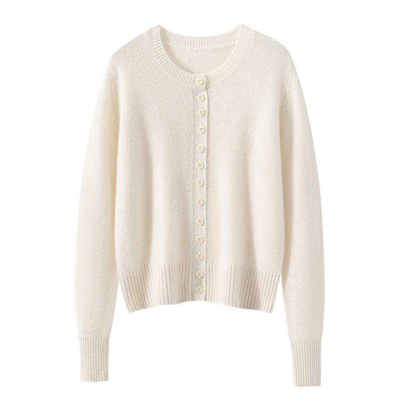 Cashmere Women's Round Neck Cardigan - 2026 Autumn/Winter, Single-Breasted, Solid Color, Versatile, Warm Outerwear.