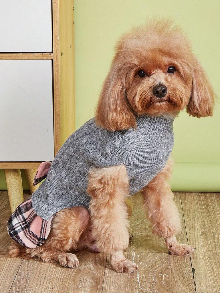 Pet Fall/Winter Outfit: Knit Sweater & Plaid Skirt with Bow-Tie for Dogs and Cats, Faux Two-Piece Design