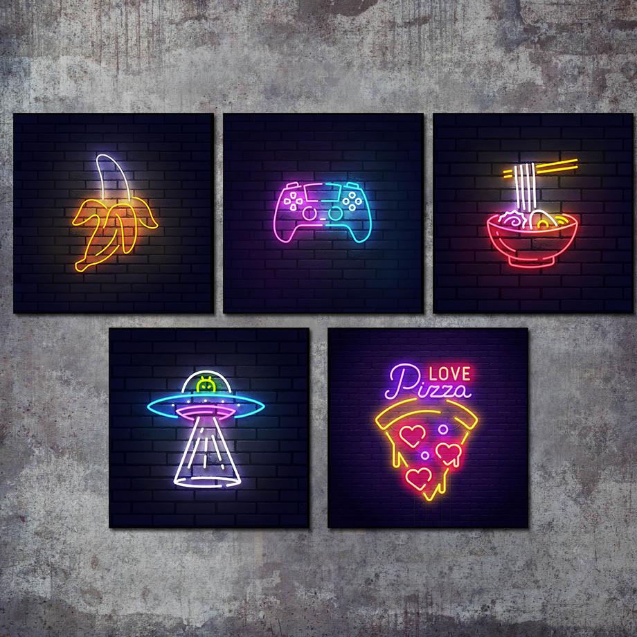 

Современная пицца рамэн неоновая вывеска холст картина еда уличное искусство постеры и принты для бара гостиная украшение стены дома Куадрос