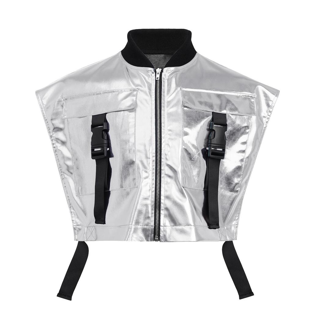 Girls Shiny Metallic Vest Sides Open Sleeveless Zipper Jacket Buckle Pockets Jazz Dance Costume