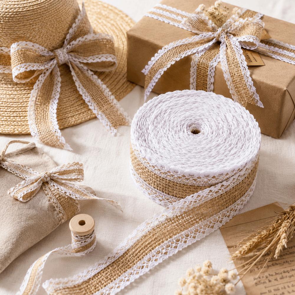 1pcs Lace Mesh Trim Burlap Ribbon Roll 5.5 Yards Lace Burlap Ribbon Jute Ribbon Roll DIY Crafts