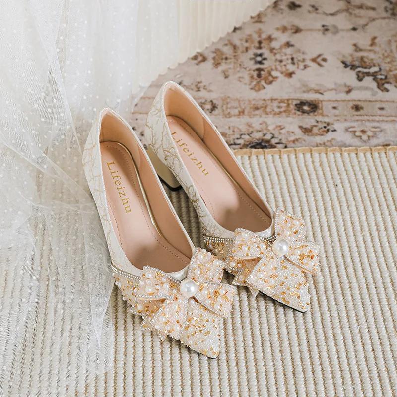 

New Designer Women Shoes Pumps Beautiful Crystal Bowknot High Heels Shoes Party Dress Shoes 43