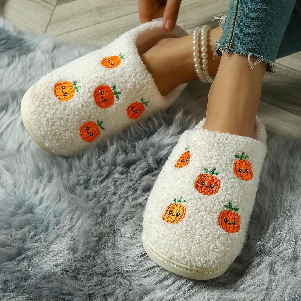 Halloween Pumpkin Cartoon Winter Slippers for Couples - Cozy Cotton with Thick Non-Slip Soles for Men and Women