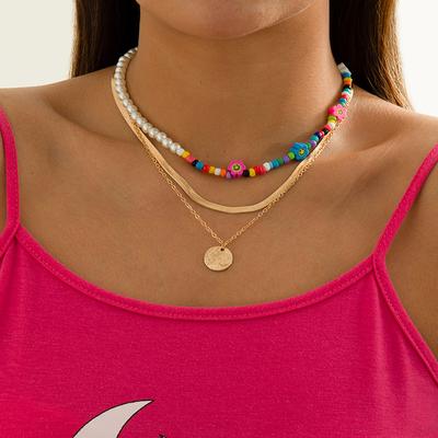 Snake Bone Chain Double Layer Round Disc Pendant Necklace Bead Chain Charm Necklace For Women Jewelry