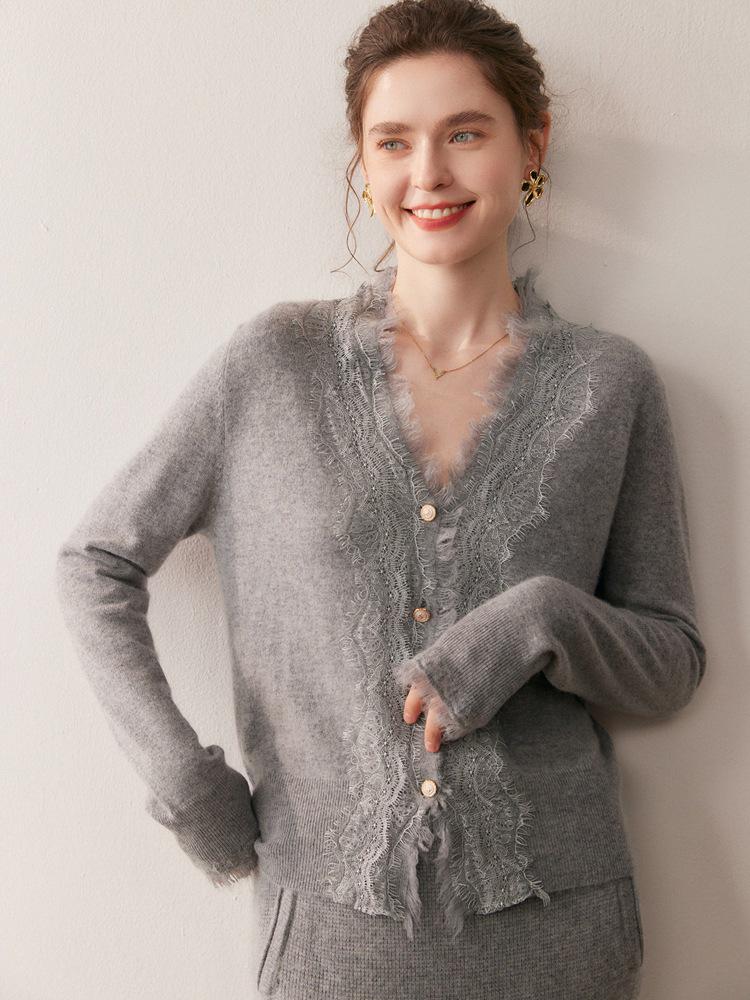 2025 Herbst/Winter Damen V-Ausschnitt Kaschmir Spitzen Strickjacke