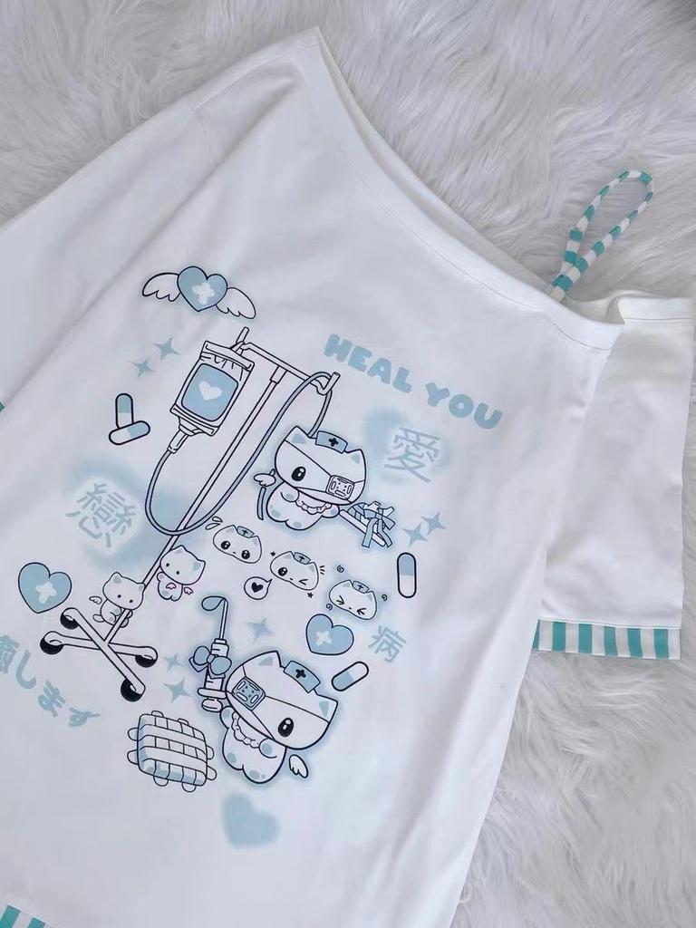 Y2K Millennial Einseitiges Hellblaues Bedrucktes T-Shirt mit Kätzchenstreifen - Damen Lockeres Oberteil