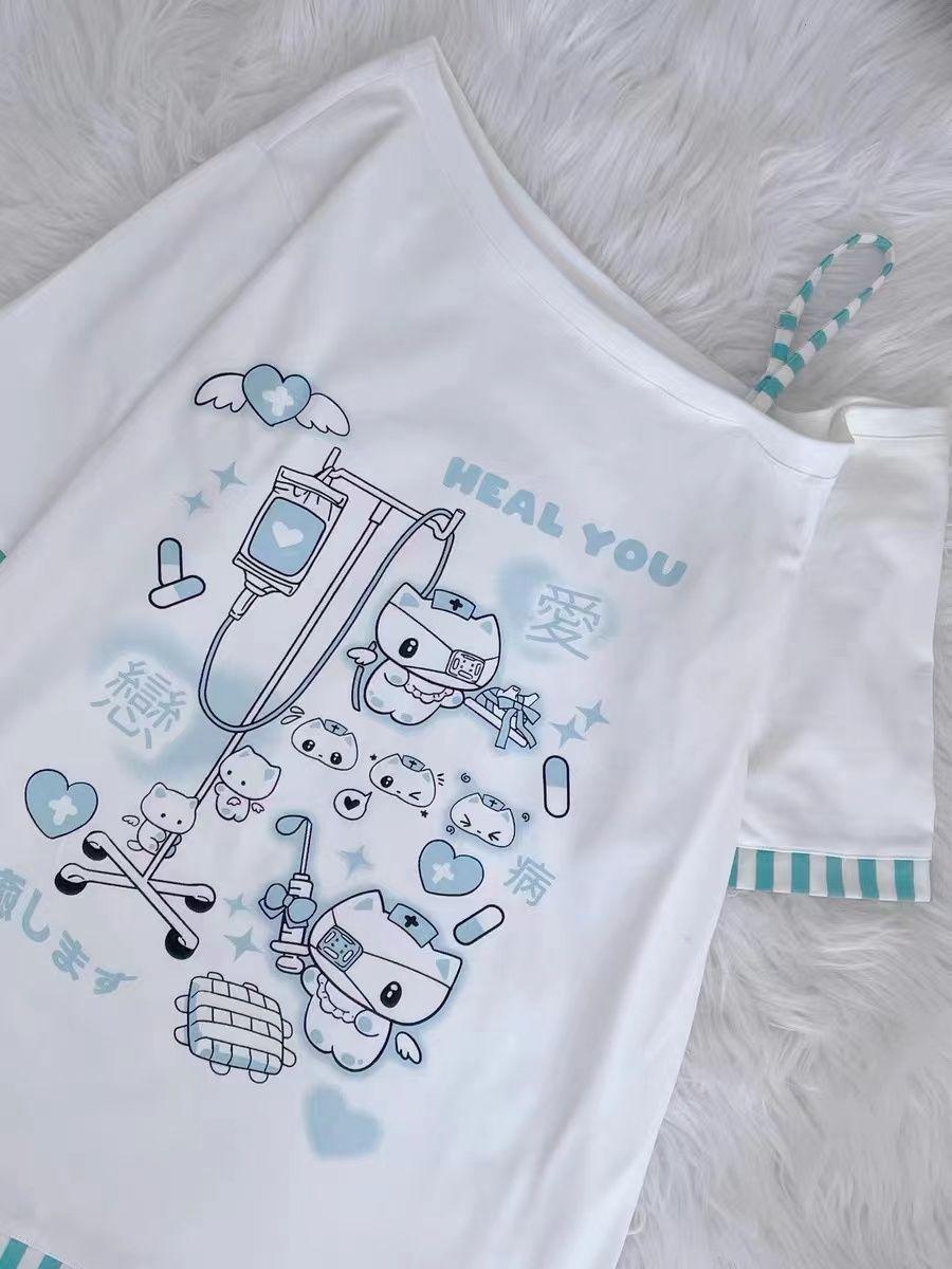 

Футболка Y2K Миллениал с принтом, на одно плечо, светло-голубая с полосками котенка - Женский свободный топ Large