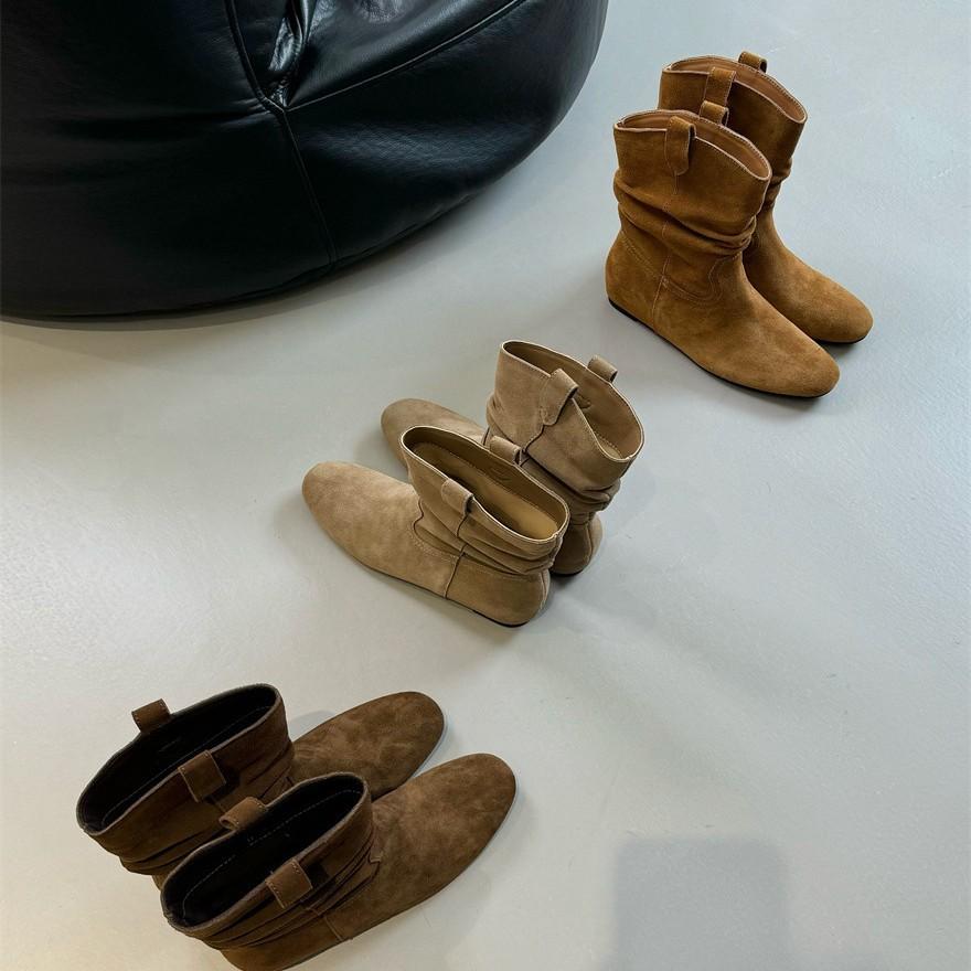 French Leather Retro Pleated Short Boots for Women 2025 Autumn and Winter New Round Head Matte Inner Leather Heightening Thin Boots for Women