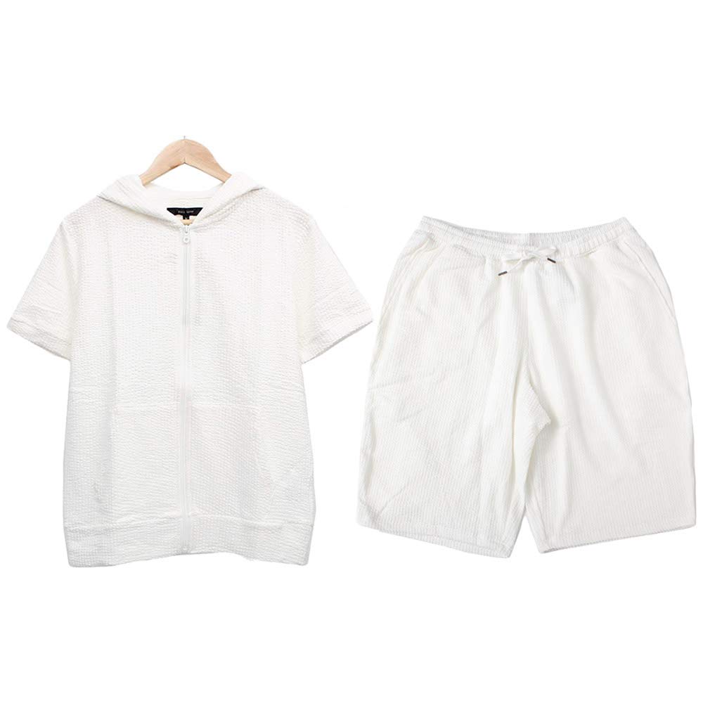 One Colors Men's Plus Size Seersucker Zip-Up Hoodie and Shorts Set, White (5L)