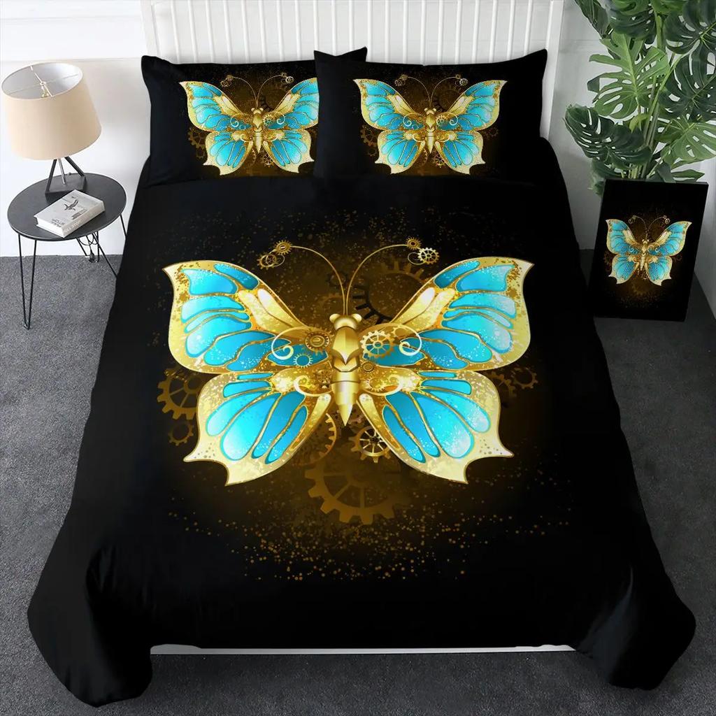 Gold Butterfly Duvet Cover Set For Girls Gold And White Butterflies Bedding Sets Flying Butterfly Black Luxury Comforter Cover