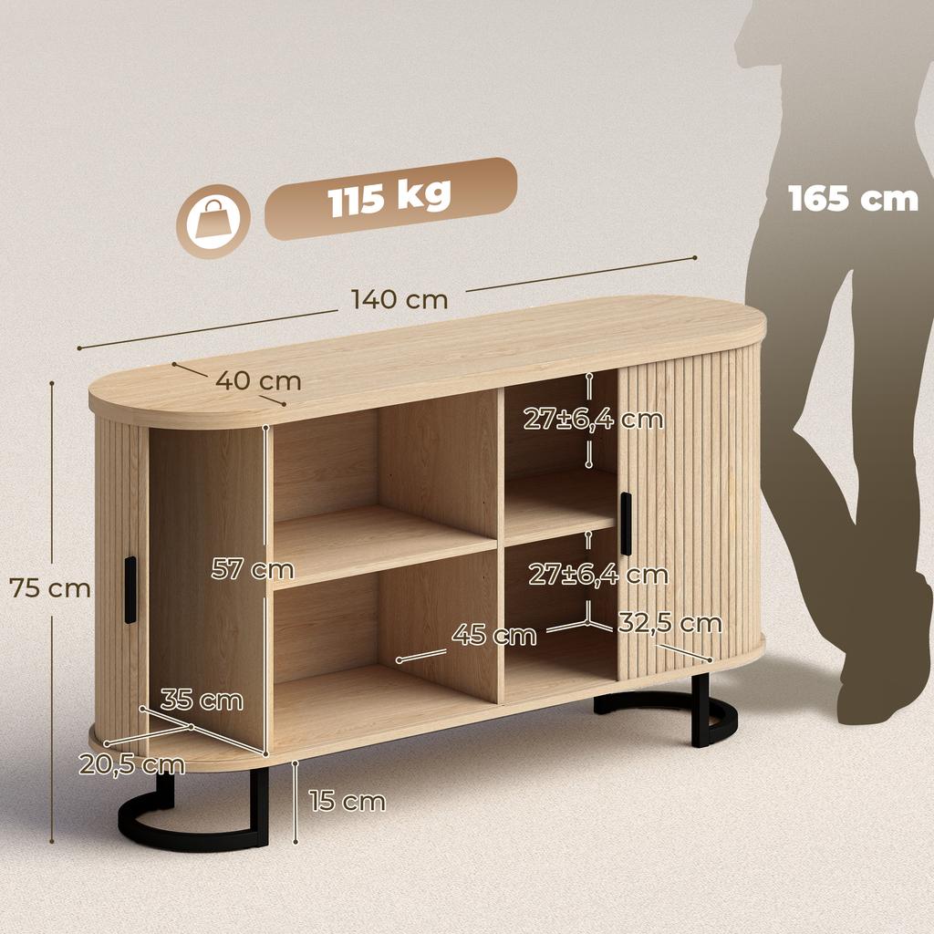 Living Room Sideboard, Oval, 2 Sliding Doors, Adjustable Shelves, 140 x 40 x 75 cm, Natural Wood