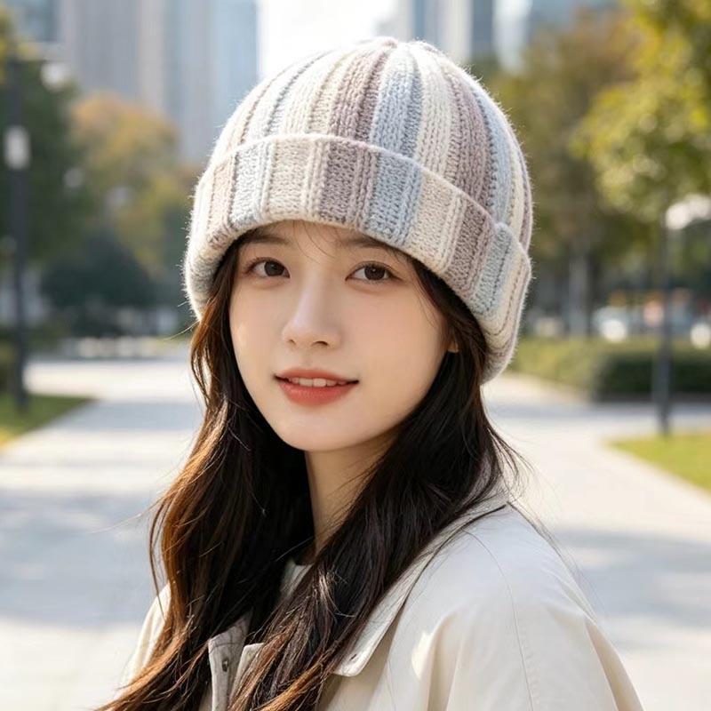Retro contrasting striped knitted hat women's autumn and winter flanged cold hat versatile wool showing face small warm melon fur hat