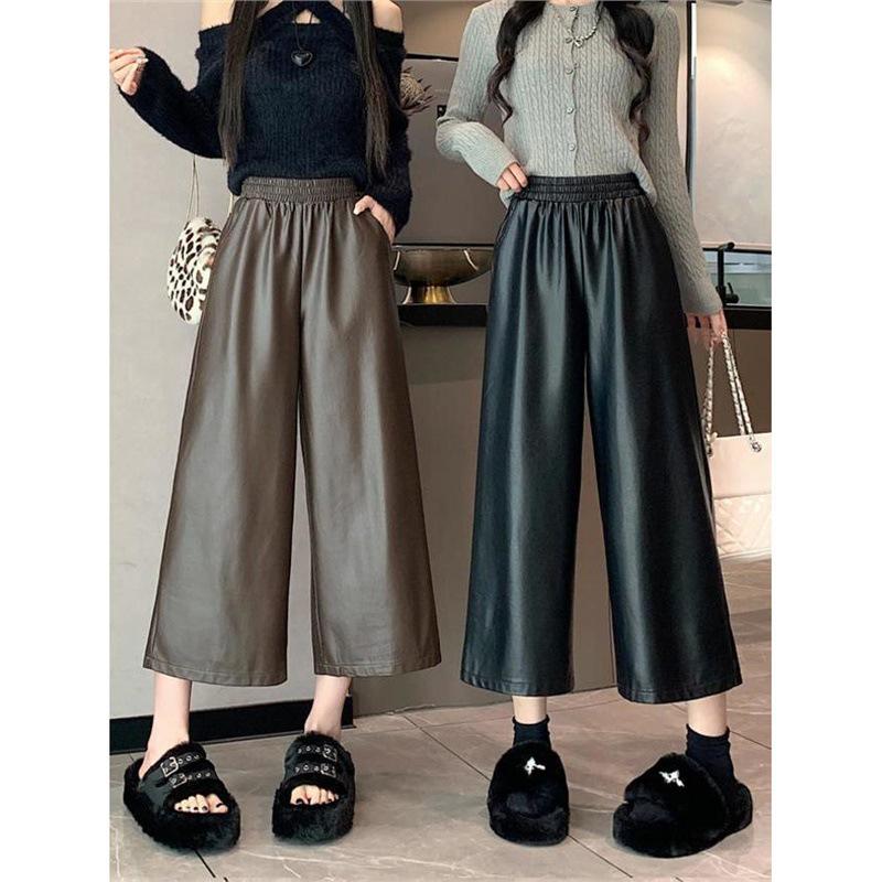 2024 Autumn/Winter Women's Casual Retro PU Leather Wide-Leg Pants - Petite Straight/Cropped Style