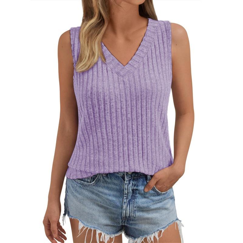 Spring Summer Sleeveless Knitted Large V-neck Solid Color Pit Stripe Pullover Women's Vest Simple Vest