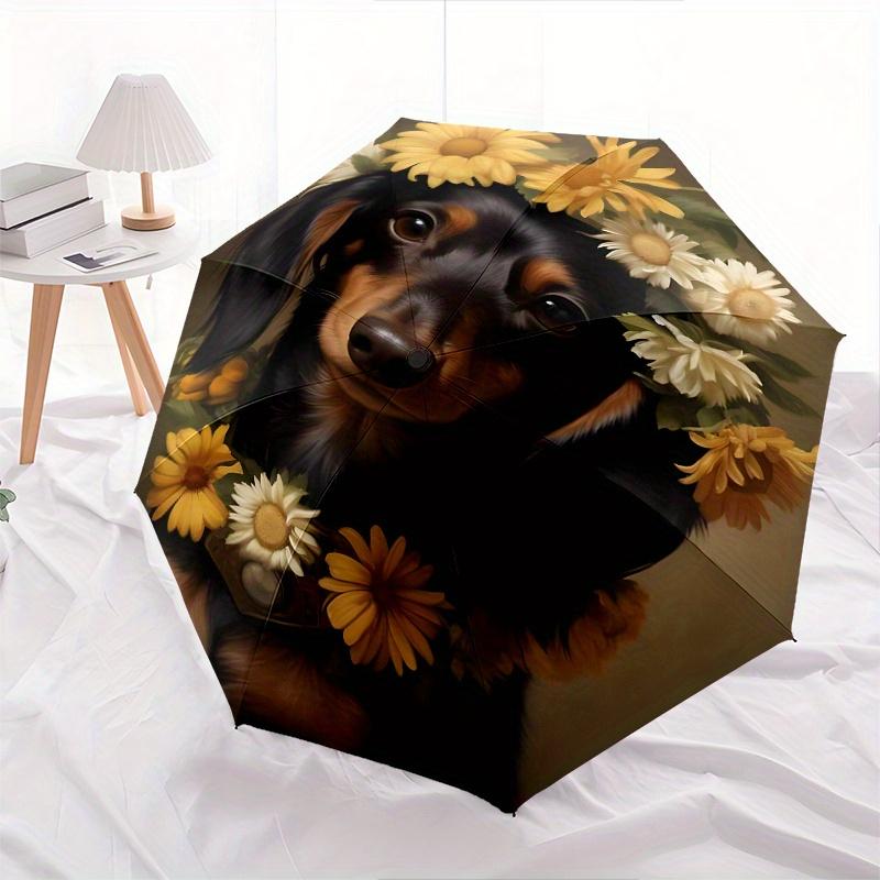 Flower Crown Dachshund Theme 8 Bone Hand Automatic Folding Fashion Umbrella, Compact and Portable Design, A Perfect Gift for Birthday, Chris