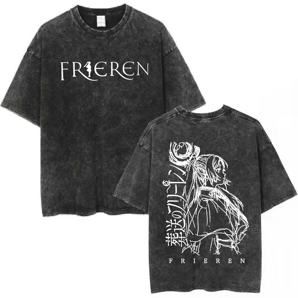Washed Vintage Anime Frieren Beyond Journeys End Himmel Tshirt Men Women Fashion Harajuku Short Sleeve Cotton Casual Tshirts