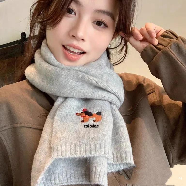 Cute Puppy Embroidered Scarf for Women Girls Autumn Winter Korean Style Warm Versatile College Style Couple Knitted Shawl Scarf