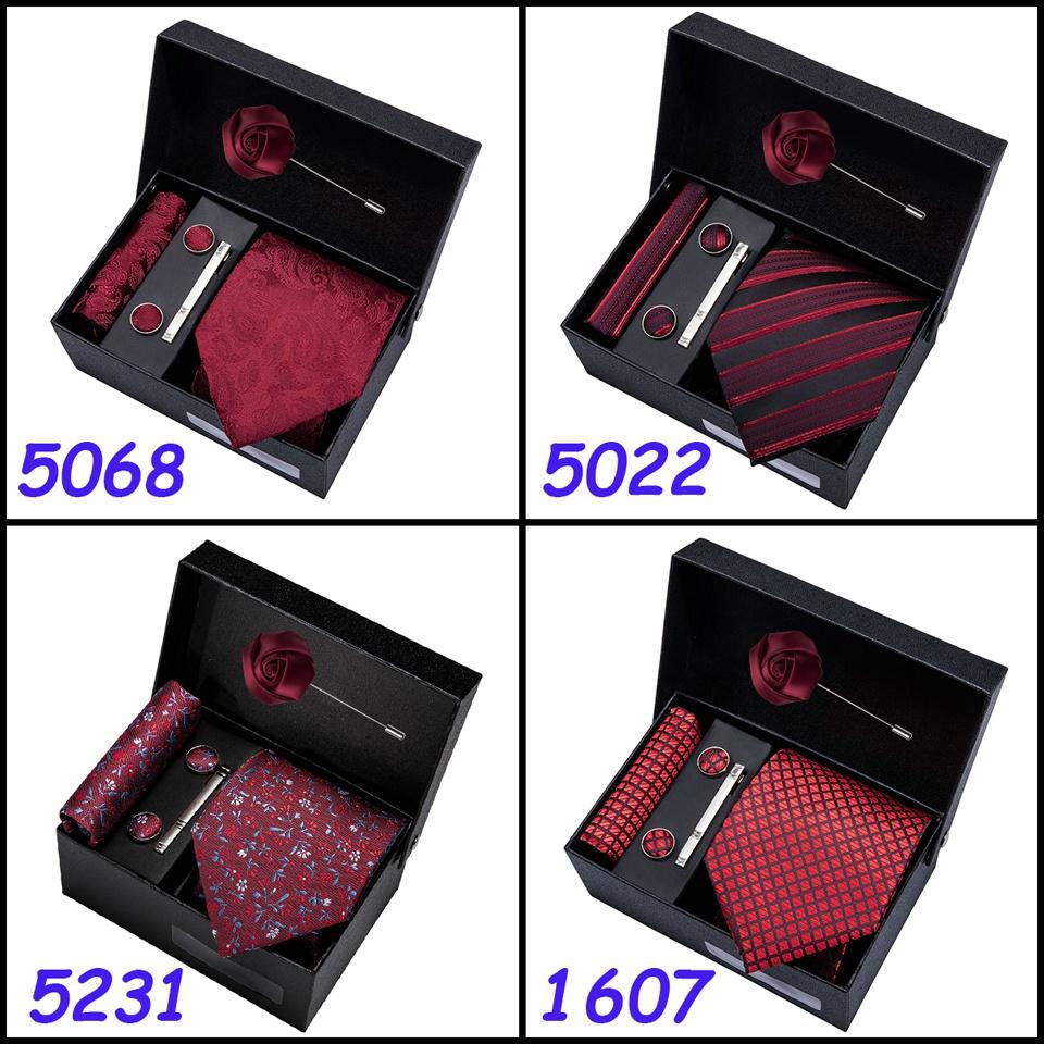 Men's Red Burgundy Neck Tie Handkerchief Cufflinks Boutonniere Tie Clip with Gift Box for Wedding Party Dating