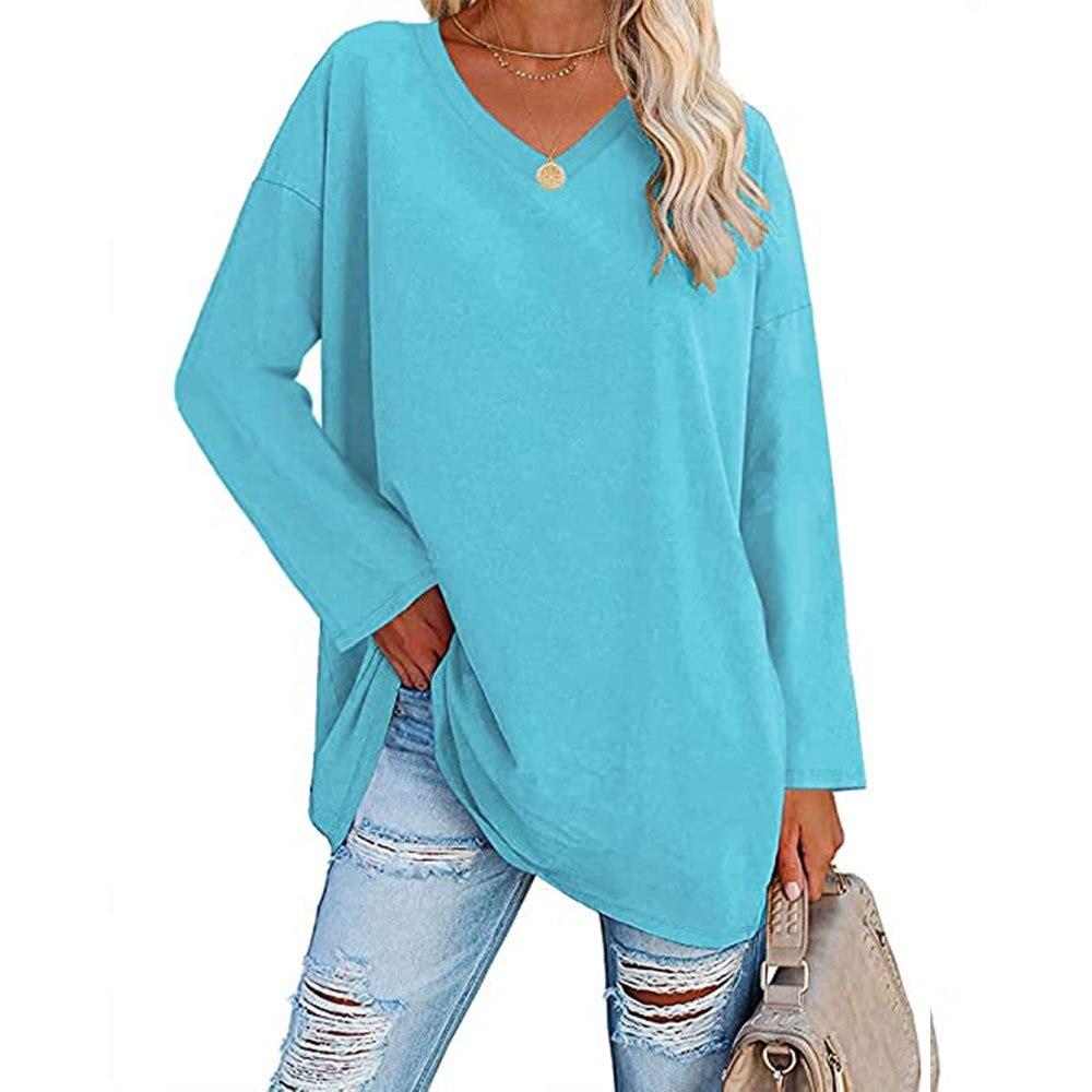 V-ausschnitt Langarm T-shirt Casual Tops Lose Baumwolle Hemd 2022 Frauen Einfarbig Weibliche Kleidung Blusas Ropa Mujer 23464