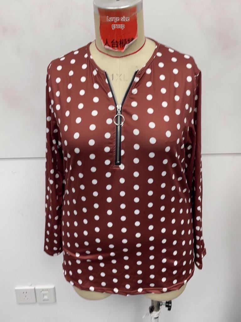 2025 Plus Size Women's Polka Dot Long Sleeve V-Neck Zipper Pullover Top