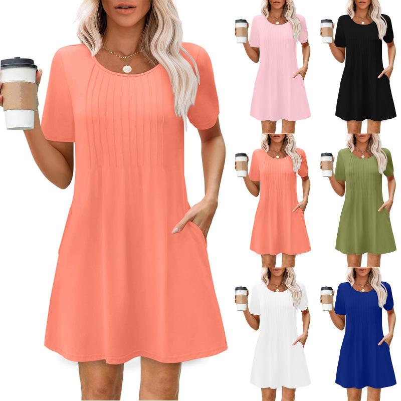 Popular eBay Loose European and American New Pleated Crew Neck Dress with Solid Color Women's Clothing