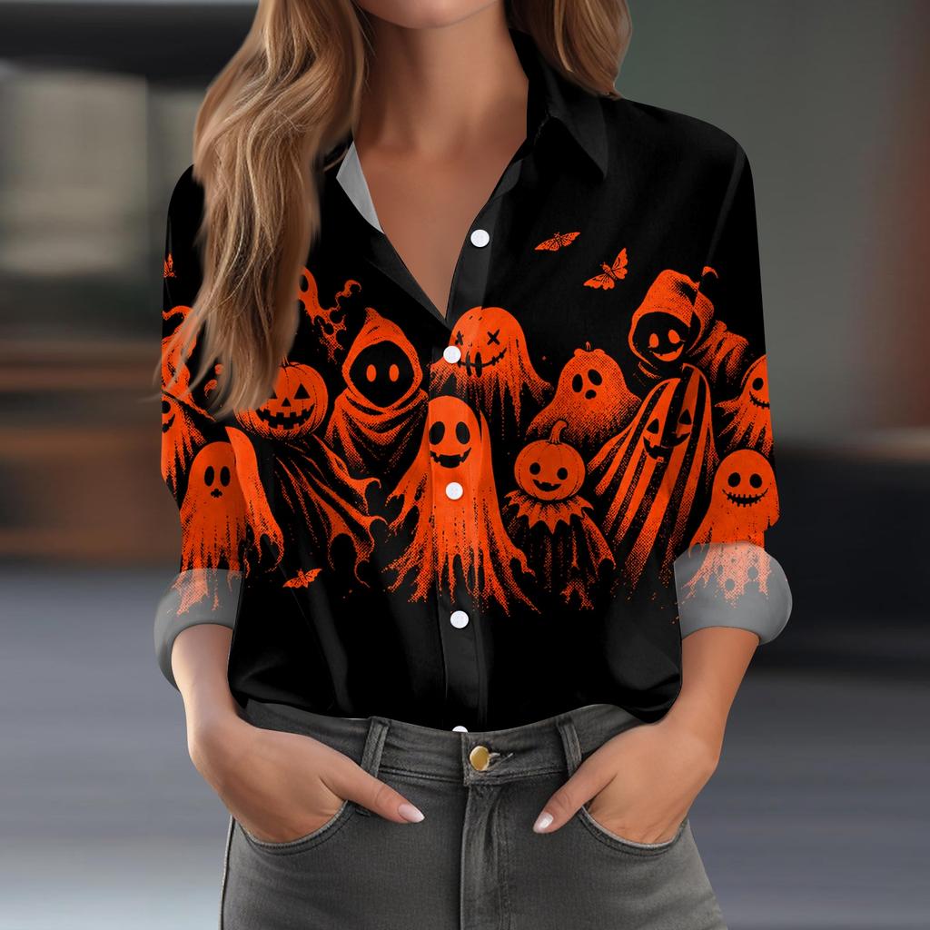 Women's Halloween Print Long Sleeve Button Down Shirt Casual Blouse